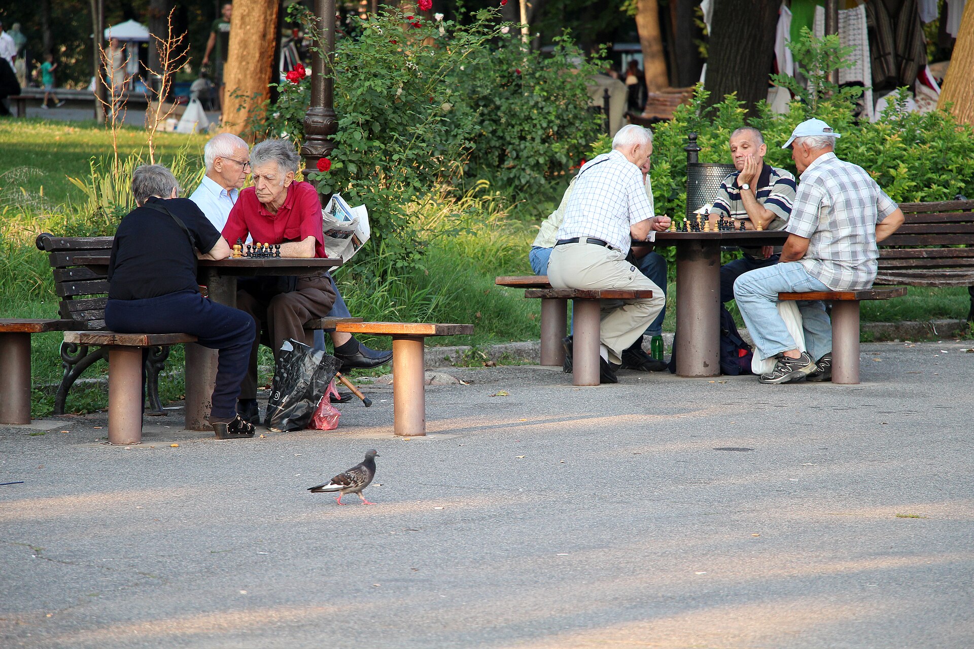 Muži hrajú šach za stolmi v parku Kalemegdan v Belehrade